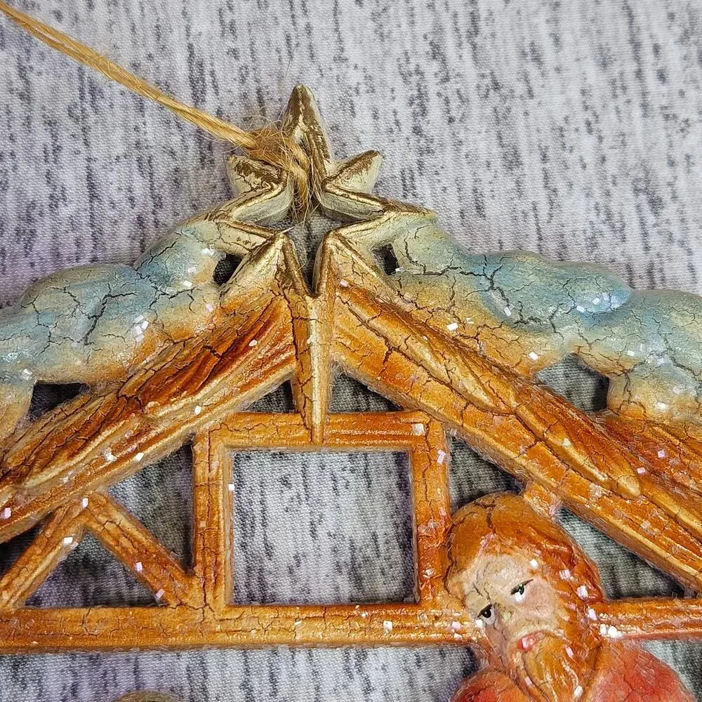 VTG 70s Christmas Tree Ornament Set of 2 Nativity Baby Jesus Mary Joseph Stable